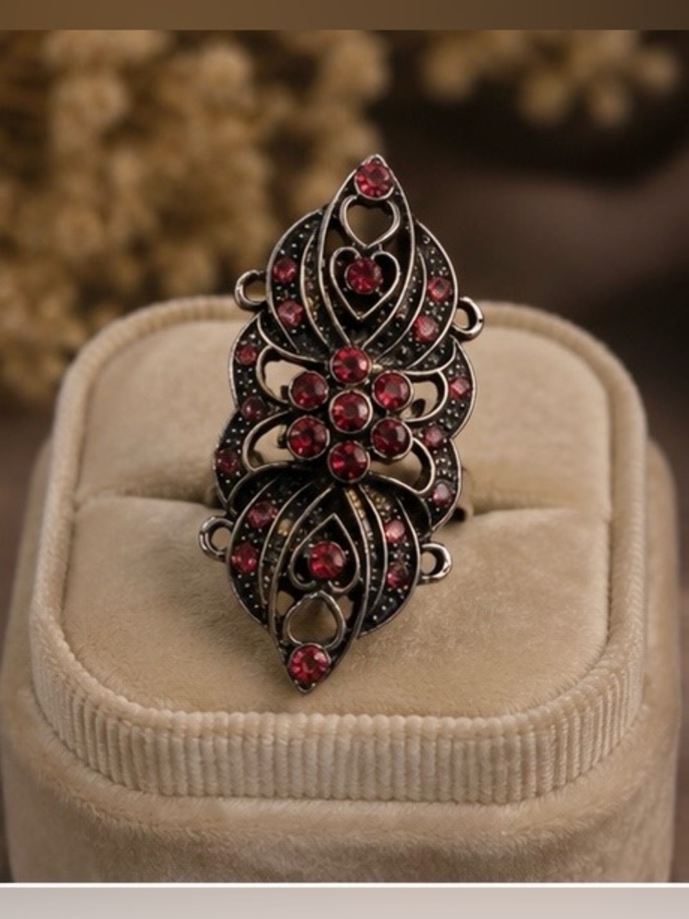 Jeweled Silver Tone Statement Ring | Pink Crystal Scrollwork | Adjustable